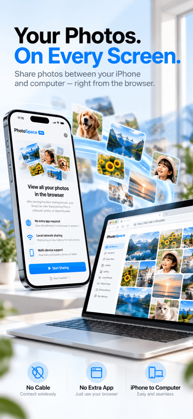 PhotoSpace promotional artwork showing iPhone photos in a computer browser